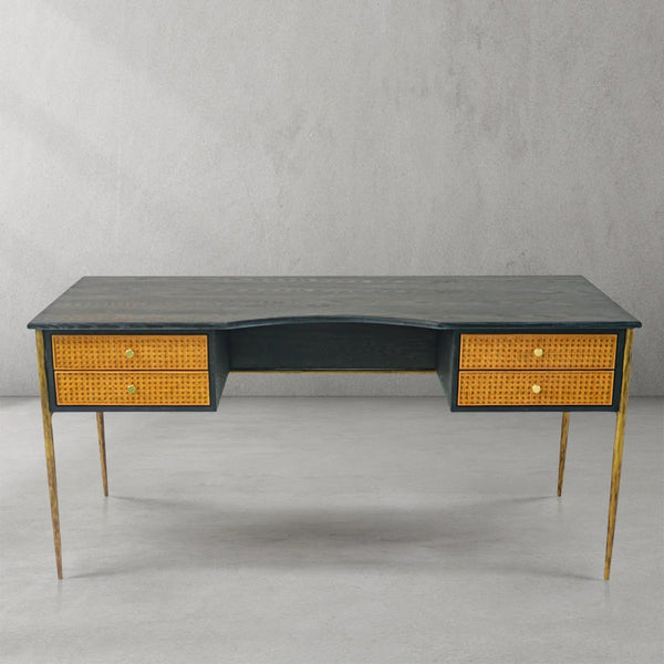 Thades Retro Brass Iron Frame Rattan Desk