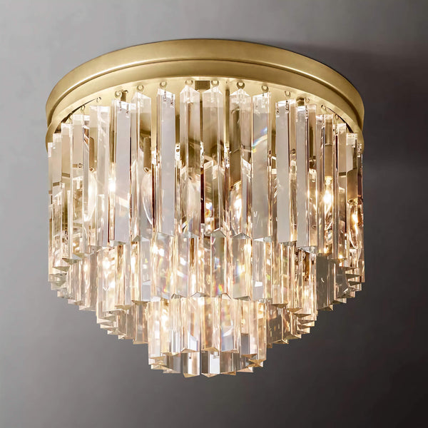 A luxurious chandelier with a golden frame and transparent crystal strips, radiating brilliance under the light, exuding elegance and romance.